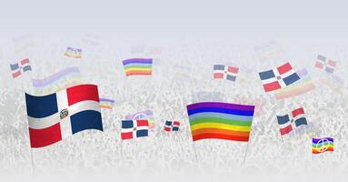 People waving Peace flags and flags of Dominican Republic. Illustration of throng celebrating or protesting with flag of Dominican Republic and the peace flag. vector