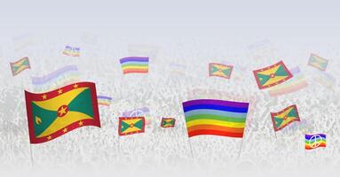 People waving Peace flags and flags of Grenada. Illustration of throng celebrating or protesting with flag of Grenada and the peace flag. vector