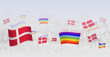 People waving Peace flags and flags of Denmark. Illustration of throng celebrating or protesting with flag of Denmark and the peace flag. vector