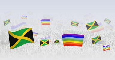 People waving Peace flags and flags of Jamaica. Illustration of throng celebrating or protesting with flag of Jamaica and the peace flag. vector