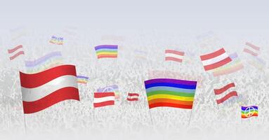 People waving Peace flags and flags of Austria. Illustration of throng celebrating or protesting with flag of Austria and the peace flag. vector