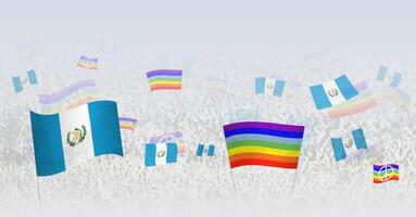 People waving Peace flags and flags of Guatemala. Illustration of throng celebrating or protesting with flag of Guatemala and the peace flag. vector