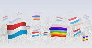 People waving Peace flags and flags of Luxembourg. Illustration of throng celebrating or protesting with flag of Luxembourg and the peace flag. vector