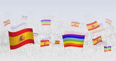 People waving Peace flags and flags of Spain. Illustration of throng celebrating or protesting with flag of Spain and the peace flag. vector