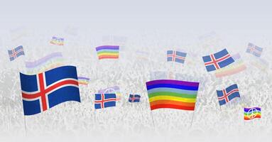 People waving Peace flags and flags of Iceland. Illustration of throng celebrating or protesting with flag of Iceland and the peace flag. vector