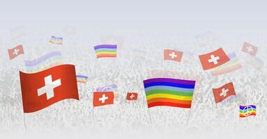 People waving Peace flags and flags of Switzerland. Illustration of throng celebrating or protesting with flag of Switzerland and the peace flag. vector