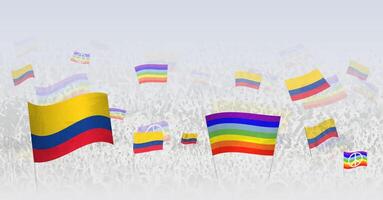 People waving Peace flags and flags of Colombia. Illustration of throng celebrating or protesting with flag of Colombia and the peace flag. vector