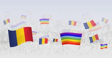 People waving Peace flags and flags of Romania. Illustration of throng celebrating or protesting with flag of Romania and the peace flag. vector
