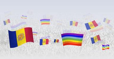 People waving Peace flags and flags of Andorra. Illustration of throng celebrating or protesting with flag of Andorra and the peace flag. vector