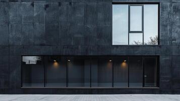 a black building with windows and a door photo