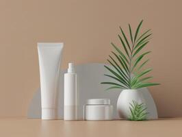 white cosmetic products on a beige background photo