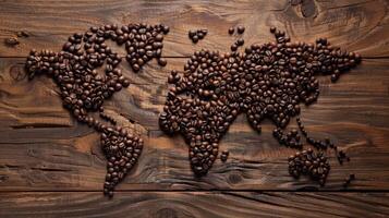 coffee beans on a wooden table with a world map photo