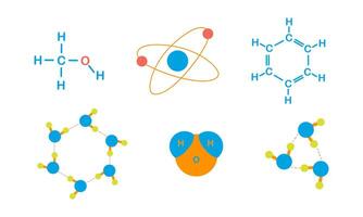 Set with colorful chemistry lessons illustrations of molecules, atoms, elements. Water molecule. Colorful elements for school laboratory and science school subject vector