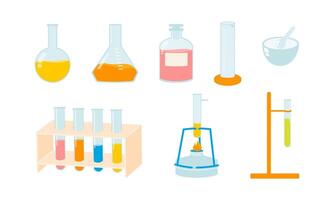 Back to school set with supplies illustrations for chemistry lessons test tubes, bunsen burner, beaker, graduated cylinder. Colorful elements for school laboratory and science school subject vector
