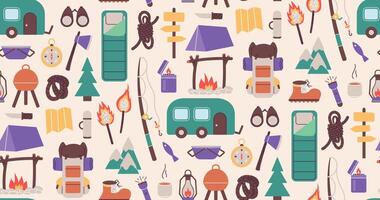 Seamless pattern with things for traveling to the mountains. Fishing and summer camping. Hike with backpacks, rest in the forest. print object stuff design wallpaper. background illustration. vector