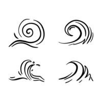 Doodle sea wave icons. Hand drawn simple wavy lines. Sea storm scribble icons set. Ocean water flow curve sketch. Aqua doodle symbols. illustration isolated on white background. vector