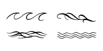 Doodle sea wave icons. Hand drawn simple wavy lines. Sea storm scribble icons set. Ocean water flow curve sketch. Aqua doodle symbols. illustration isolated on white background. vector