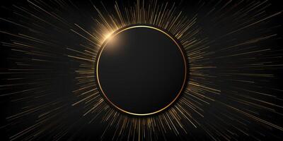 Abstract black circle shape with golden luxury frame and glowing lines background. Perfect for use in invitations, event flyers, award ceremony designs vector