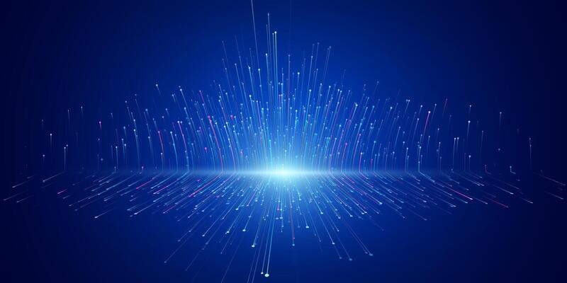 Blue fiber optic network lines perspective background. Data flow visualization concept of science and technology