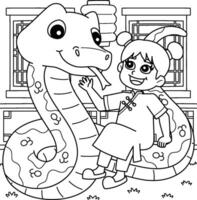 Year of the Snake with Chinese Girl Coloring Page vector