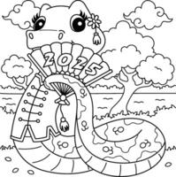 Year of the Snake Holding a Fan Coloring Page vector