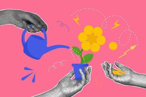 Trendy halftone collage. Concept of hands with investment. The image shows hands that attract investment for business development.Trendy modern retro illustration vector