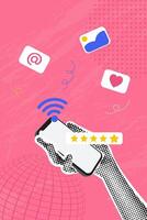 Trendy halftone collage. Concept of using wifi on phone,communication,mail,quality assessment. Concept of business, online communication, shopping, career. Trendy modern retro illustration in bright vector