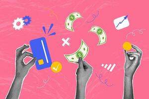 Trendy halftone collage. Concept of hands with money for payment. Image shows hands holding money, card. Trendy modern retro illustration on business and finance theme. vector
