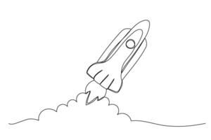 One line rocket drawing. Spaceship icon isolated illustration. Startup outline symbol. vector