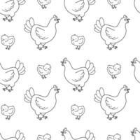 Hand drawn monochrome seamless pattern with cute outline chicken and chick. Hand drawn illustration isolated on white background. Funny Farm animal repeat pattern vector