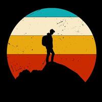 retro vintage image silhouette of a man with a backpack on the mountain vector