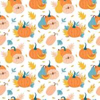 Seamless pattern with pumpkins and autumn leaves vector