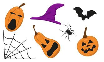 set of isolated elements for Halloween. Color image of a pumpkin with different scary faces, a spider with a web and a bat. Creepy hand drawings on a white background. vector