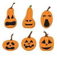 set of Halloween pumpkins. Color image of holiday pumpkins with different faces. Set of icons with vegetables. vector