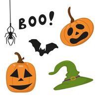 set of design elements for Halloween. Color image of a pumpkin with faces, a hat, a spider and a bat. Creepy hand drawings on a white background. vector