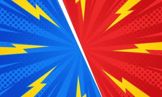 Red and blue versus comic-style background. Pop art comic sunburst effect background with halftone. Suitable for templates, sale banners, events, ads, web and pages vector