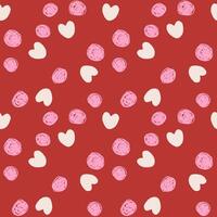 White pink hearts and dots seamless pattern on red background. Love, wedding, romance, mother's day simple minimal background. Design for textile and paper. vector