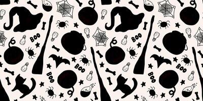 Halloween seamless background with witch hat, pumpkin, bat, cat, cauldron, spider, spider web and potion. illustration, pattern, texture in black and white colors. vector