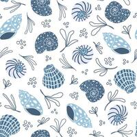 Sea shells pattern in blue and white colors. Summer, beach, coastal vibes repeat pattern. Sea life background. Ocean fashion monochrome. vector