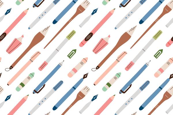 illustration of diagonal pattern with school and office stationery supplies. Seamless design with flat pencils, pens, brushes, and crayons. Seamless background for art, education