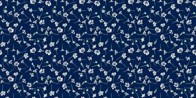 Tiny wild flowers and small buds seamless pattern. Abstract artistic floral print on a dark blue background. hand drawing sketch. Design for fashion, fabric, wallpaper, textiles, vector