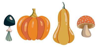 Harvest festival illustration. illustration of fantasy pumpkin and mushrooms. Thanksgiving and Harvest Day set of objects in flat style. Set of stylized objects vector