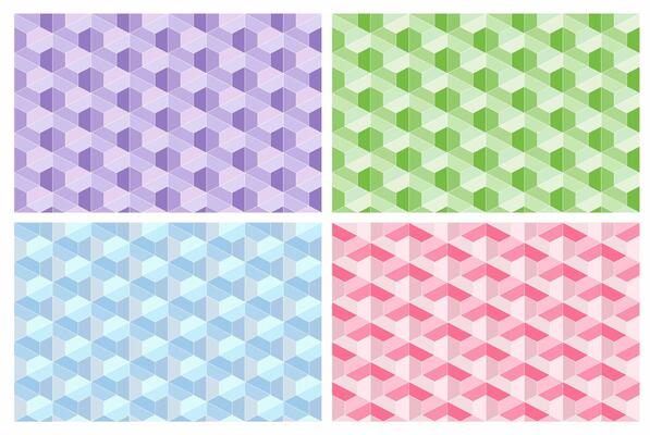 Set of 4 seamless geometric patterns in pink, blue, green and purple for wallpaper and textile design.