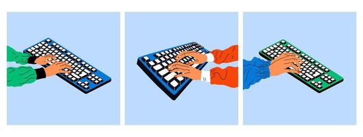 Set of three Female hands working on keyboard. Working, studying, work from home concept. vector