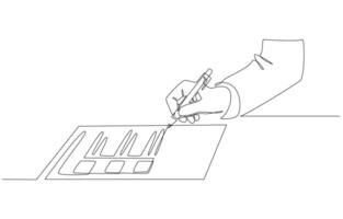 Continuous one line drawing of businessperson writing checklist of progress against business plan, project management and process checklist concept, single line art. vector