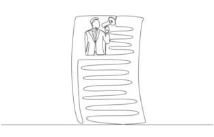 Continuous one line drawing of job applicant speaking through megaphone inside resume paper, job application concept, single line art. vector