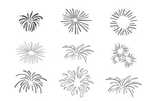 Set fireworks doodle line explosion radial sparkler with rays, hand drawn firecrackers simple and round decoration isolated on white background. vector