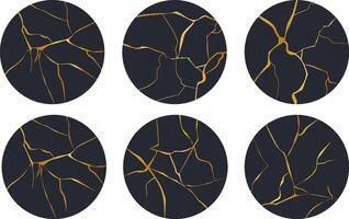 Highlight cover circle Kintsugi gold simple break lines, asian geaometric crackle. Social media frame surface with crack print, effect. Moderm cover golden broken texture. vector