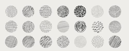 Textures set, collection hand drawn abstract monochrome brush marks. Doodle shapes spots, drops, curves and lines. Contemporary modern trendy vector
