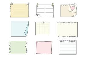 Memo sticky notes, sheet reminder, color office or school pages with tape, marks, pin, paperclip frames doodle style. Notebook bullet dairy list, funny retro drawing. vector